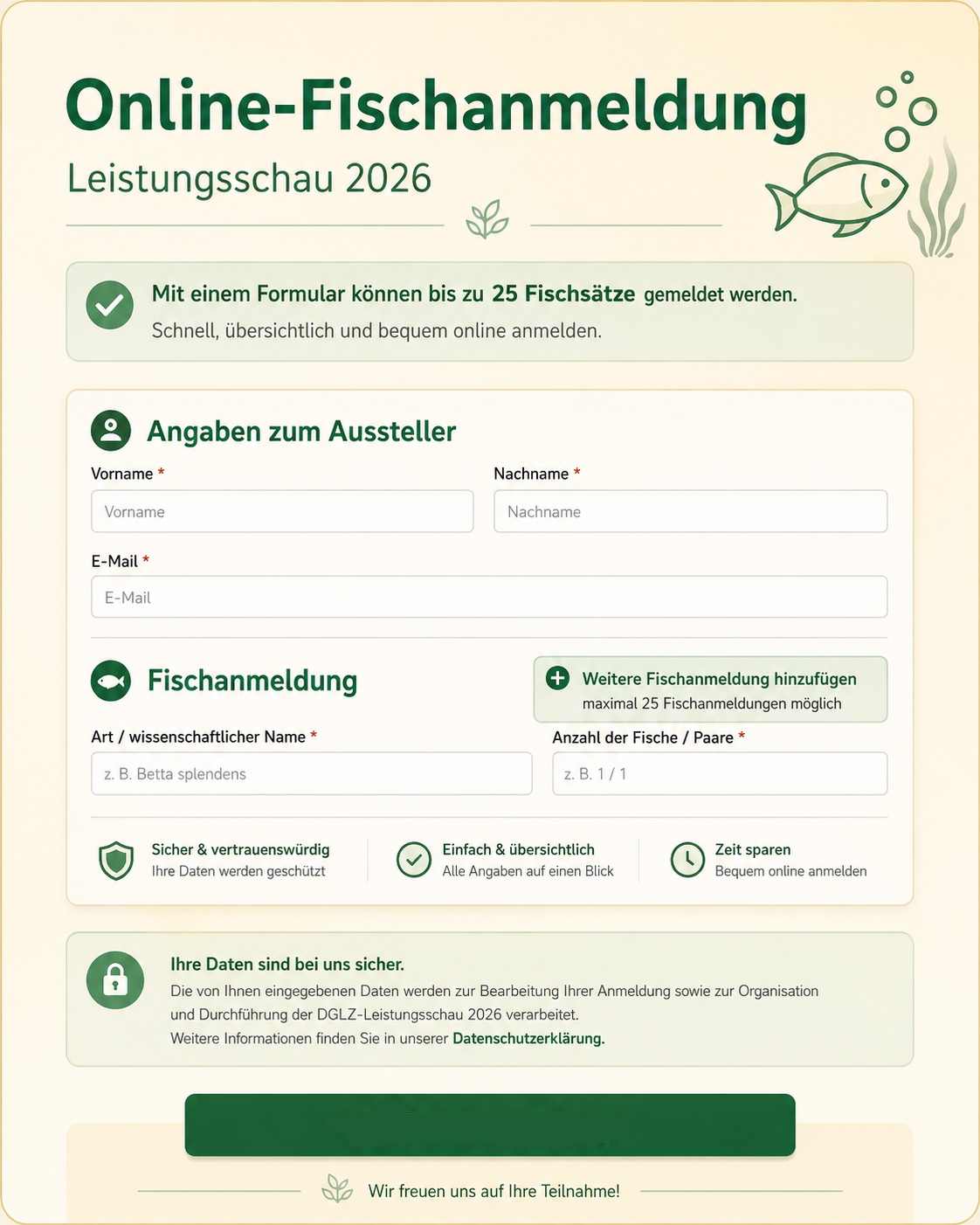 Online-Fischanmeldung zur DGLZ-Leistungsschau – bis zu 25 Fischsätze pro Formular